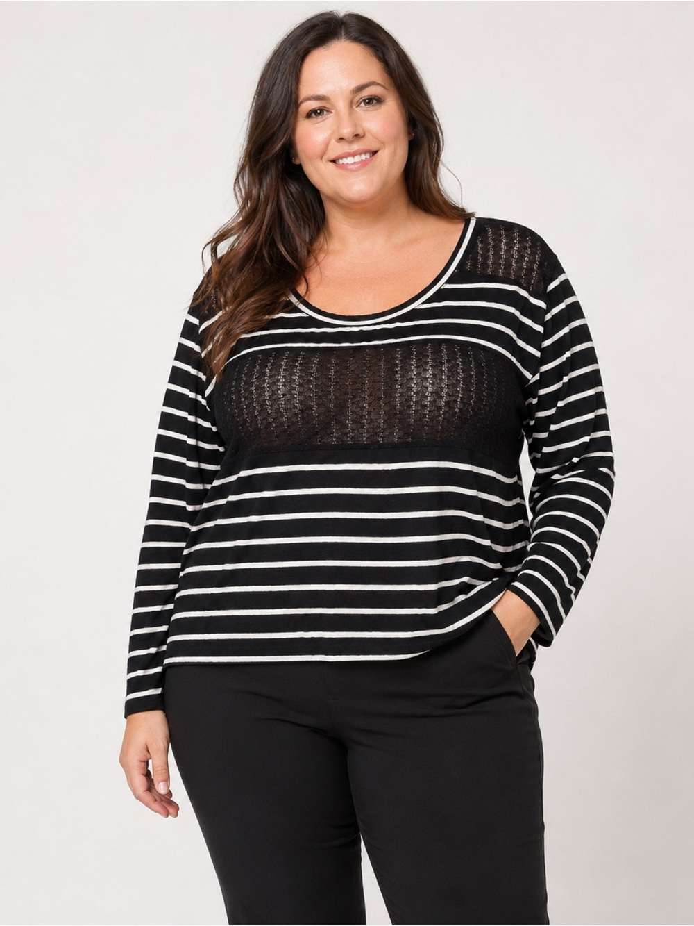 Weavers Women’s XL Y2K Sheer Mesh Stripe Crop Top Black White Long Sleeve Knit